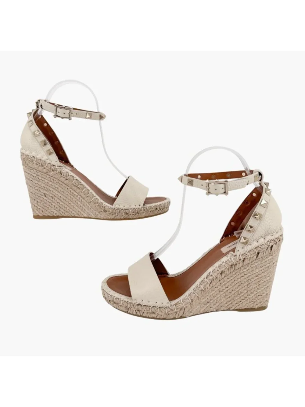 Valentino Rockstud Espadrille Wedge Sandals White Leather Size 39 US 9 Platform